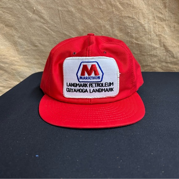 Vintage Marathon Trucker Hat Mens OSFA Red Snapback Cap Gas Patch Petroleum 80s